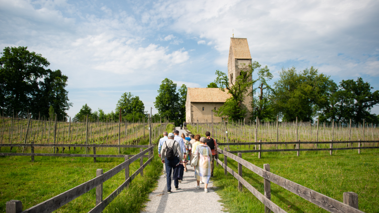 Eine Gruppe unterwegs auf der Insel Ufnau mit Kirche im Hintergrund.