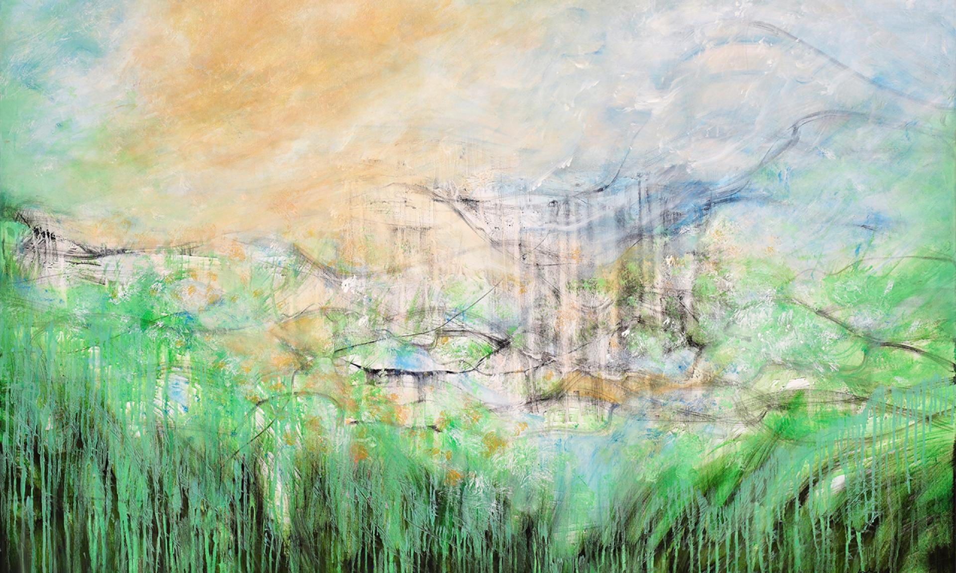 Abstraktes Landschaftsgemälde von Olivera Kälin in Grün-, Blau- und Ockertönen mit hellem, sonnigem Himmel.